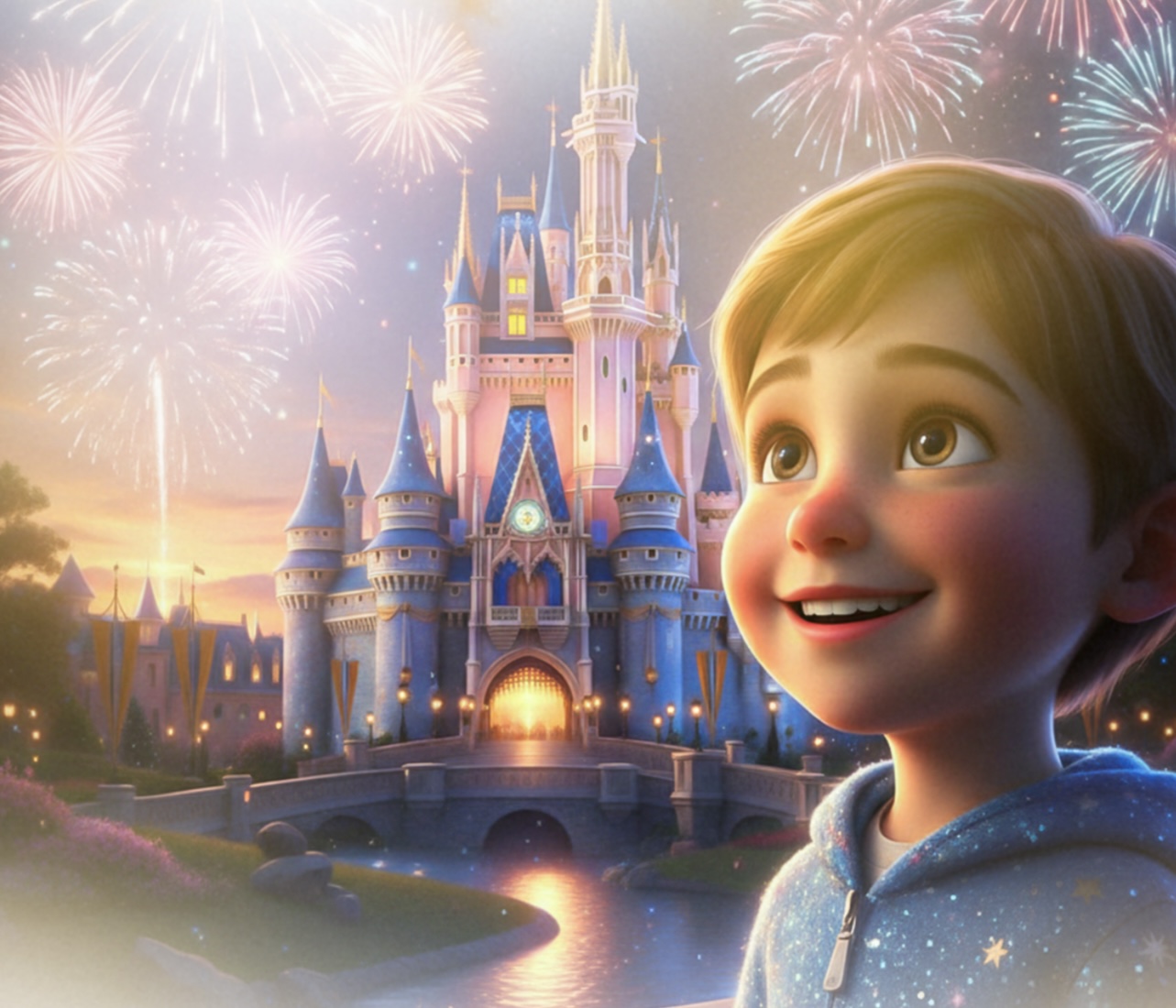 Crianca sorridente olhando para o castelo magico